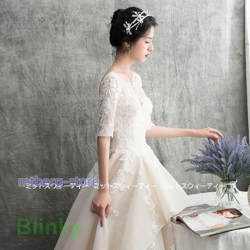 ウェディングドレス 花嫁 二次会 ウエディングドレス 結婚式 ロングドレス Aライン シャンパン 前撮り 披露宴 ブライダル レース 編み上げ 挙式 大きいサイズの画像