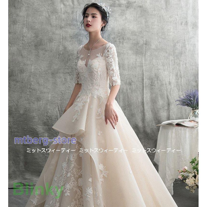 ウェディングドレス 花嫁 二次会 ウエディングドレス 結婚式 ロングドレス Aライン シャンパン 前撮り 披露宴 ブライダル レース 編み上げ 挙式 大きいサイズの画像