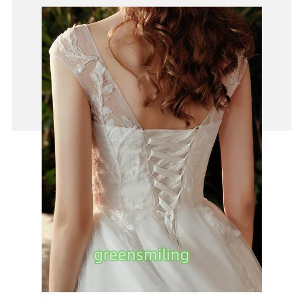 ウェディングドレス aラインドレス ウエディングドレス 二次会 花嫁 挙式 披露宴 ブライダル 結婚式 ロングドレス フレンチスリーブ オフホワイト 編み上げの画像