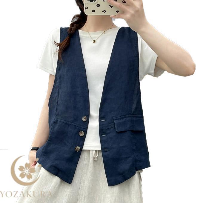 リネン100％ ベスト レディース 春 夏 秋 リネンベスト 麻ベスト ジレ