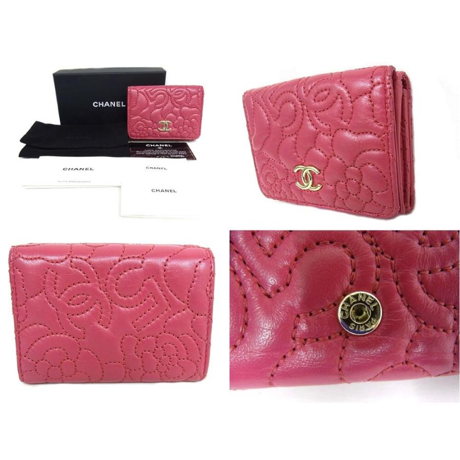 CHANEL(シャネル) 3つ折り財布 - ピンク ココマーク/カメリア/No.5/ゴールド金具 ラムスキン CHANEL（シャネル） 三つ折り財布 ラムスキン カメリア ナンバー5