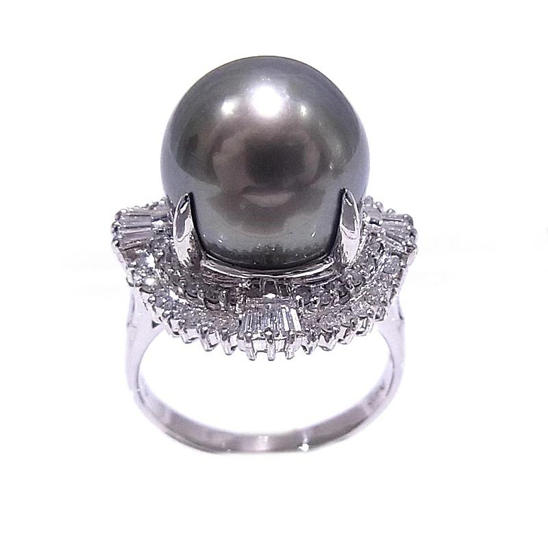 指輪 ブラックパールリング　12.5mm玉 ダイヤ　0.70ct　Pt900　プラチナ　リング 【中古】【程度A】【美品】の画像