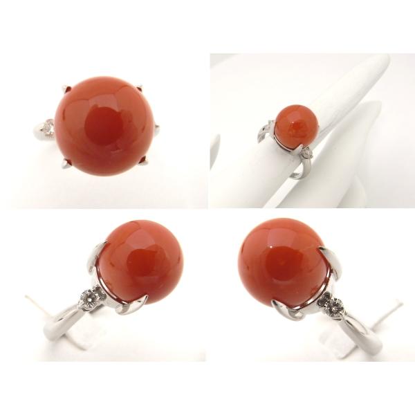 Pt900　プラチナ900 指輪　サンゴ　珊瑚　ダイヤモンド 0.15ct　ノーブランド　リング　【中古】【程度A】【美品】の画像