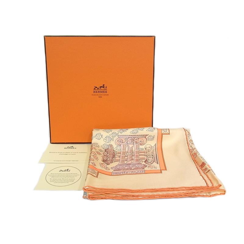 エルメス　HERMES　スカーフ シルク100％　レディース　カレ90 オレンジ　魚柄 【中古】【程度B】【良品】｜yagi-hiratsuka