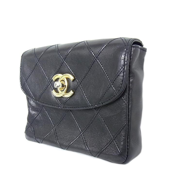 良品 シャネル ラムスキン マトラッセ ウエスト ショルダー バッグ 黒 CHANEL（シャネル） マトラッセ ウエストバッグ バッグ ゴールド金具