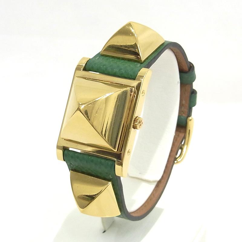 HERMES エルメス ドメール グリーンレザー腕時計 HERMES エルメス メドール グリーン レザーベルト 〇W番