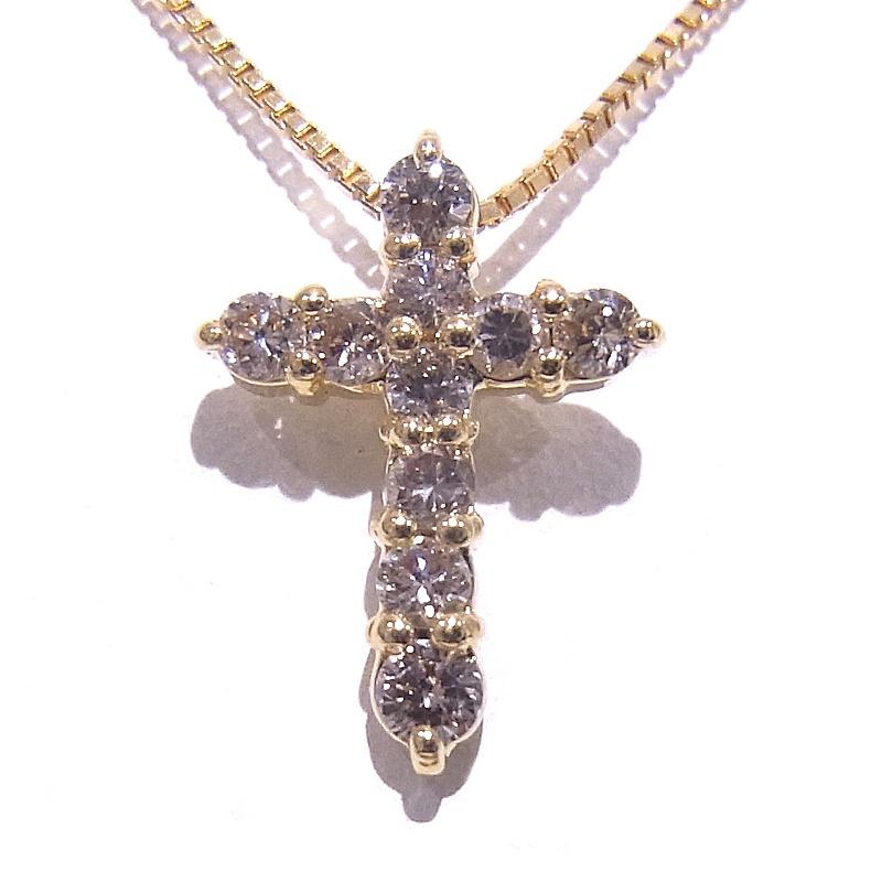K18YG 750 イエローゴールド クロスネックレス ダイヤ0.30ct 【中古  