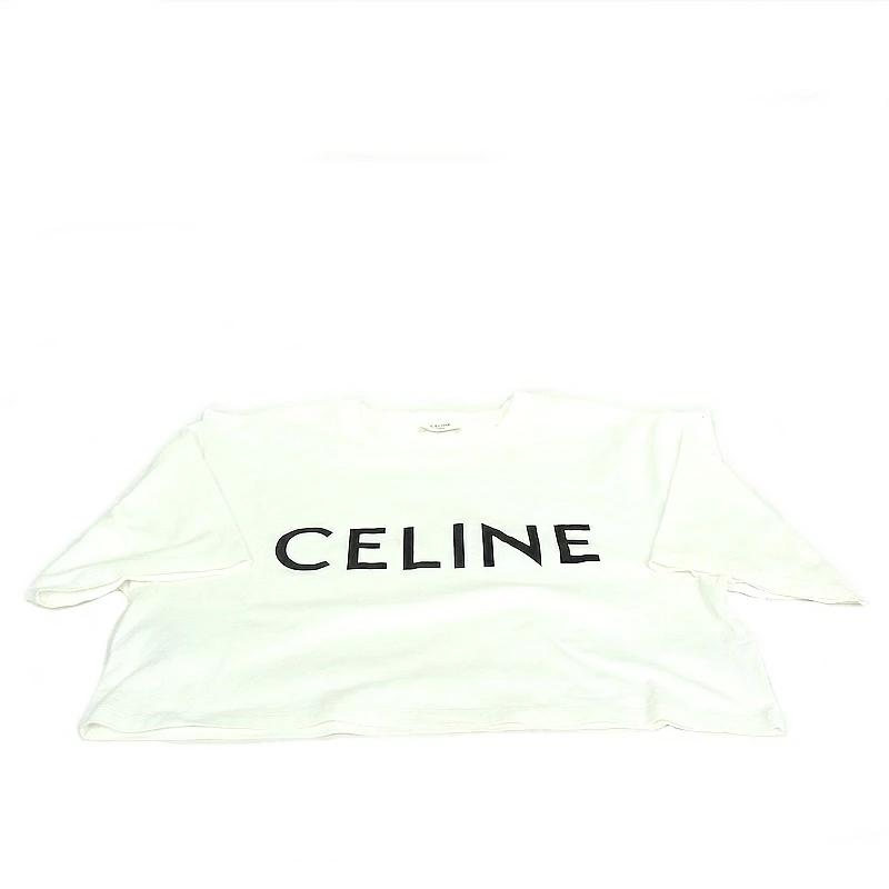 CELINE オリーブグリーン クロップドTシャツ CELINE(セリーヌ) T-Shirt クロップド ロゴプリント半袖Tシャツ