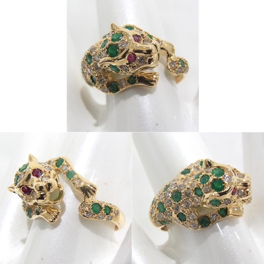 指輪　750　K18　YG　イエローゴールド リング　エメラルド　ルビー　ダイヤ パンサーモチーフ　ヒョウ 【中古】【程度A】【美品】の画像