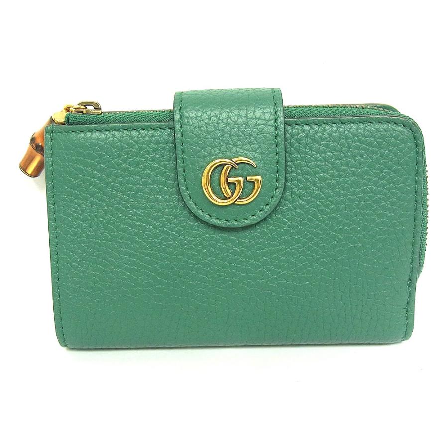 て*ん様 【美品】GUCCI グリーン 二つ折り財布 レザー GUCCI（グッチ） 二つ折り財布 ダブルG L字ファスナー レザー グリーン