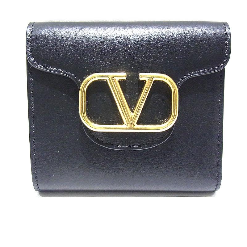 レア✨バレンティノ ガラヴァーニ 三つ折り財布 ロゴ金具 レザー ブラック VALENTINO（ヴァレンティノ） バレンチノ 三つ折り財布 ミニ財布 ロゴ