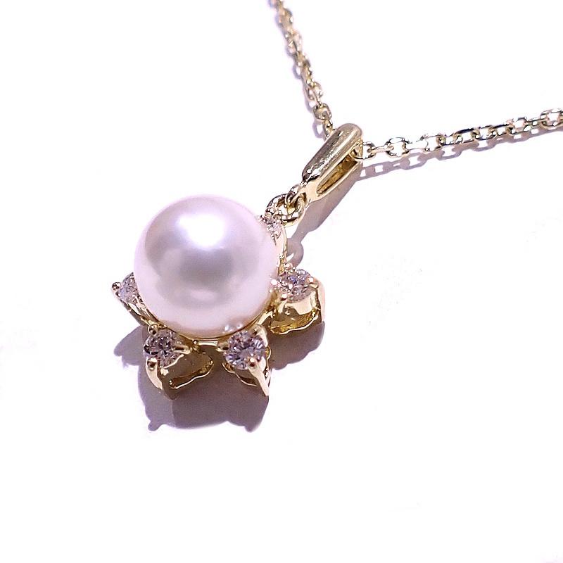 ミキモト MIKIMOTO　パールネックレス 750　K18YG　イエローゴールド　ダイヤモンド6石 【中古】【程度A-】【美品】の画像