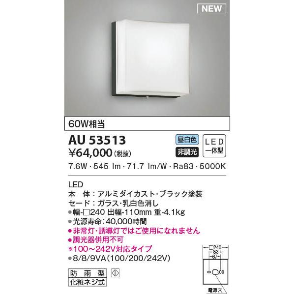 コイズミ　防雨型ブラケットライト　ブラック　LED(昼白色)　AU53513