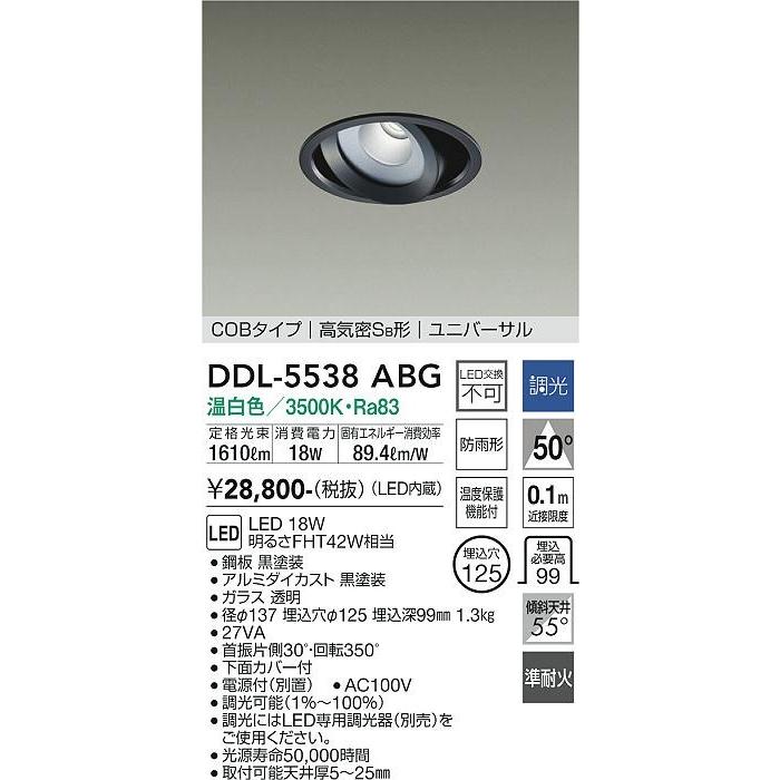 ダイコー ユニバーサルダウンライト(軒下用兼用) 黒 LED（温白色） DDL-5538ABGの画像