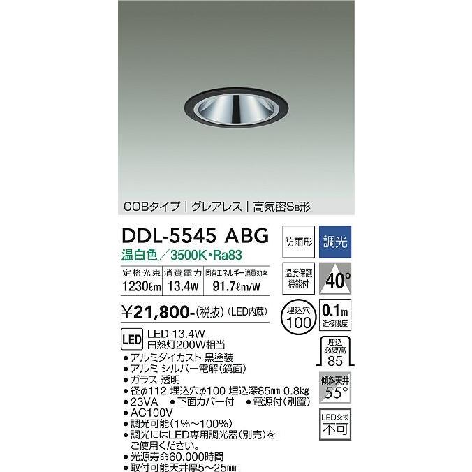 ダイコー ダウンライト(軒下用兼用) 黒 LED 温白色 調光 DDL-5545ABGの画像