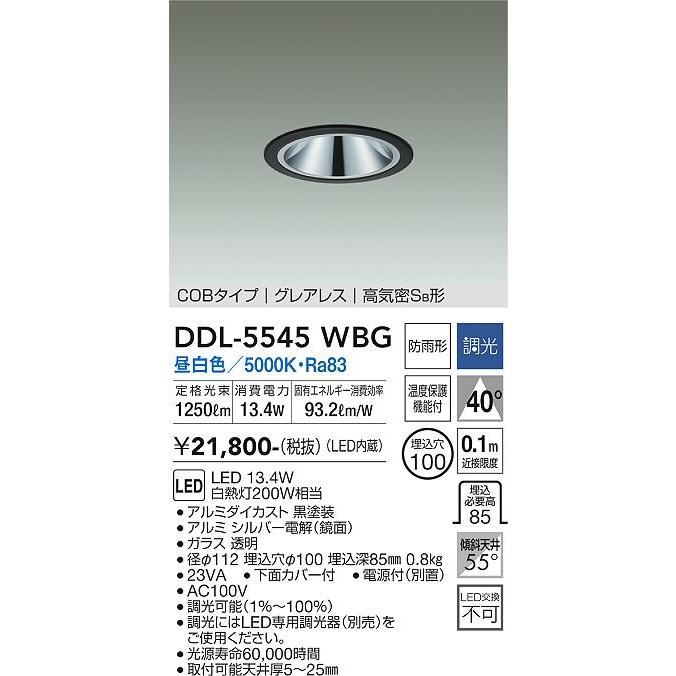 ダイコー ダウンライト(軒下用兼用) 黒 LED（昼白色） DDL-5545WBGの画像