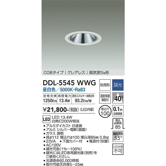 ダイコー ダウンライト(軒下用兼用) 白 LED（昼白色） DDL-5545WWGの画像