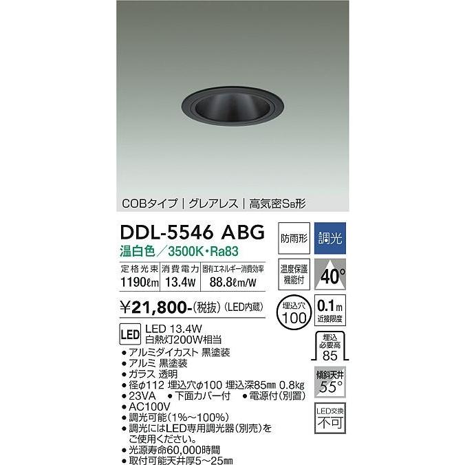 ダイコー ダウンライト(軒下用兼用) 黒 LED 温白色 調光 DDL-5546ABGの画像