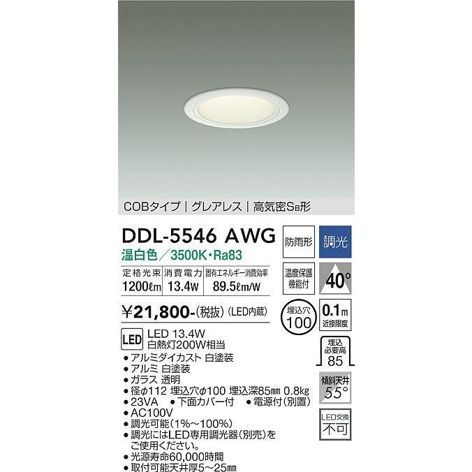ダイコー ダウンライト(軒下用兼用) 白 LED 温白色 調光 DDL-5546AWG_1