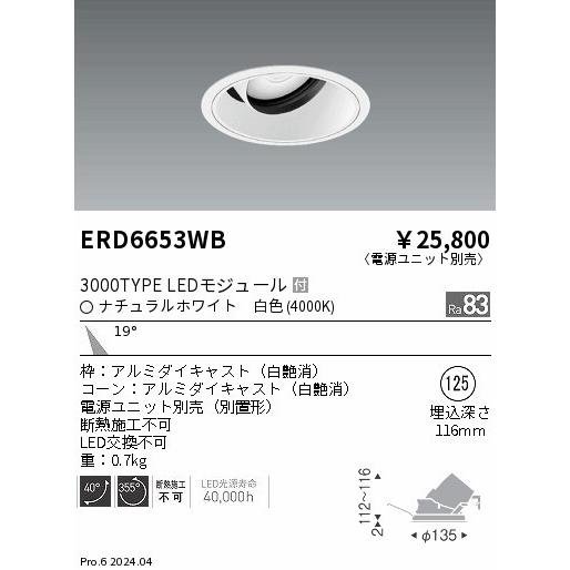 遠藤照明 ユニバーサルダウンライト ホワイト φ125 LED（白色） 中角 ERD6653WB (ERD6653WB)の画像