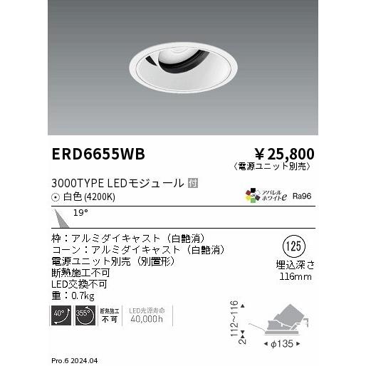遠藤照明 アパレルホワイトe ユニバーサルダウンライト ホワイト φ125 LED（白色） 中角 ERD6655WB (ERD6655WB)の画像
