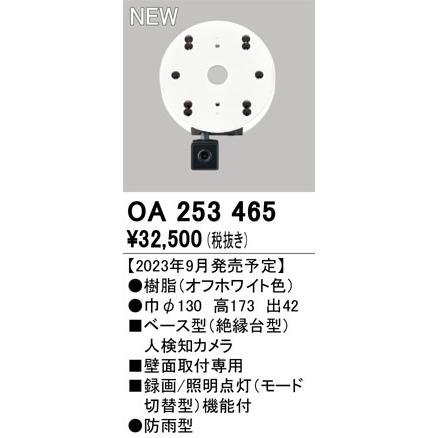 オーデリック 防犯カメラ 絶縁台型人検知カメラ センサー付 録画 照明点灯機能付 ※SDカード別売 ホワイト 円形 OA253465の画像