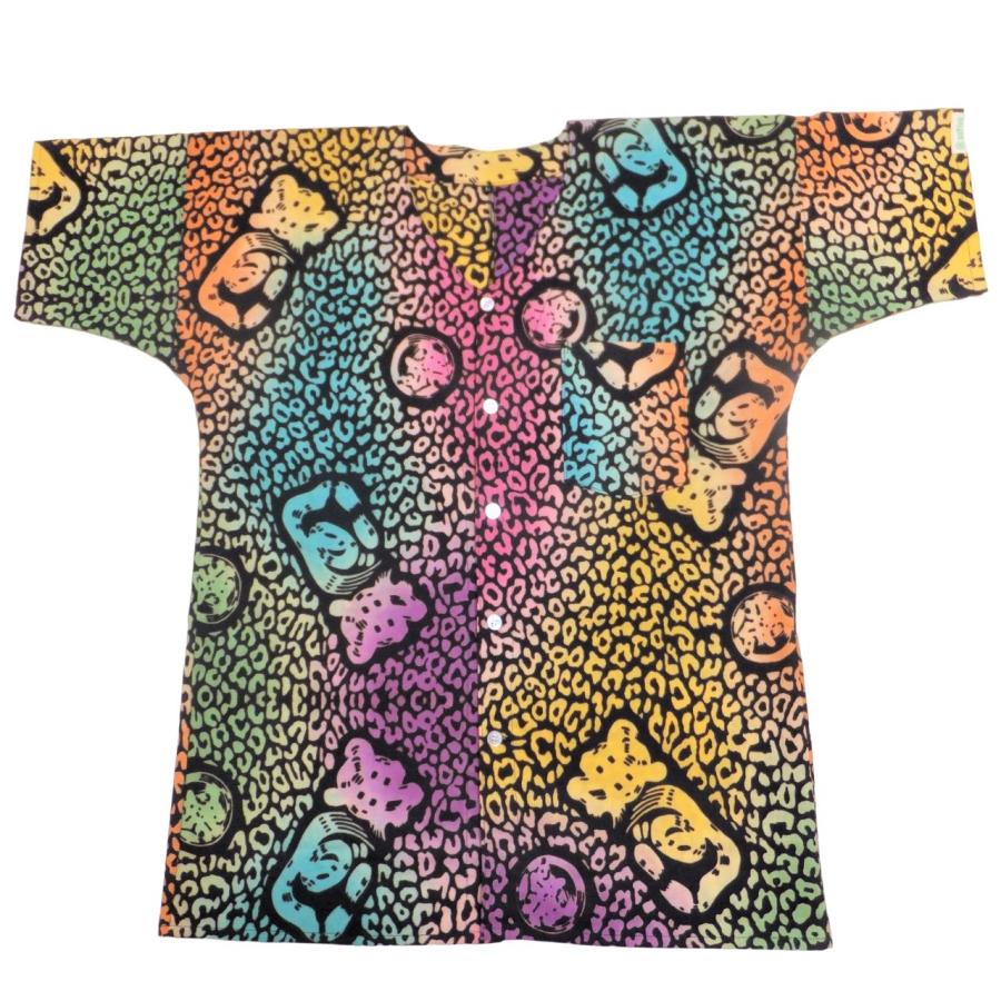 本染め魚河岸シャツ LLサイズ 認定証付き 木綿晒 ヒョウ柄 黒×虹色