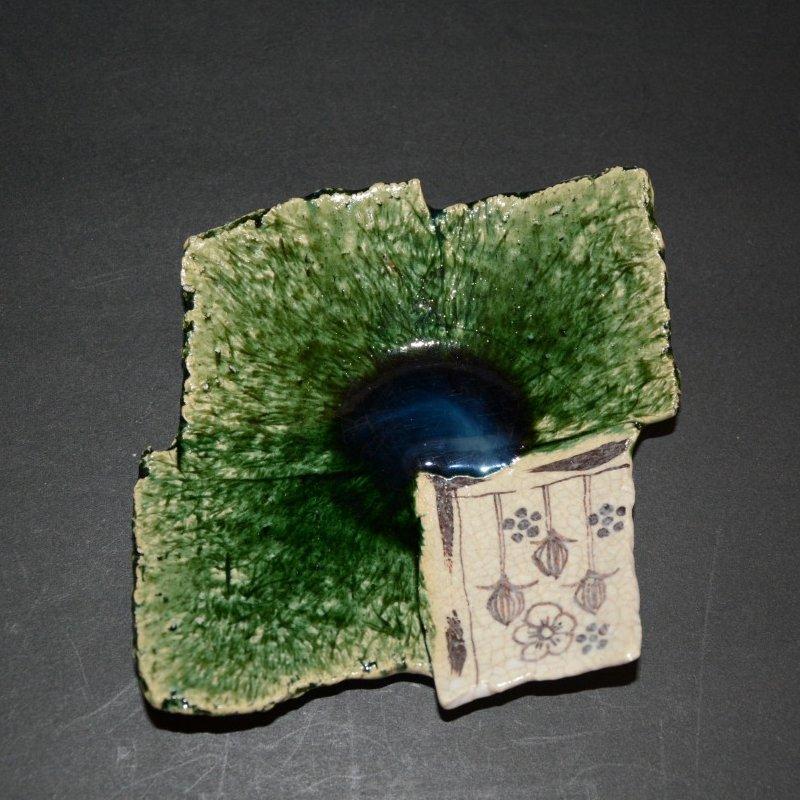 超希少 笠間焼 夢現窯 尾崎高行作 絵織部 ツギハギ大皿 置物 オブジェ 工芸品 織部ツギハギ皿 盛り皿 取り皿 笠間焼作家 夢現窯 尾崎高行作 : 美術