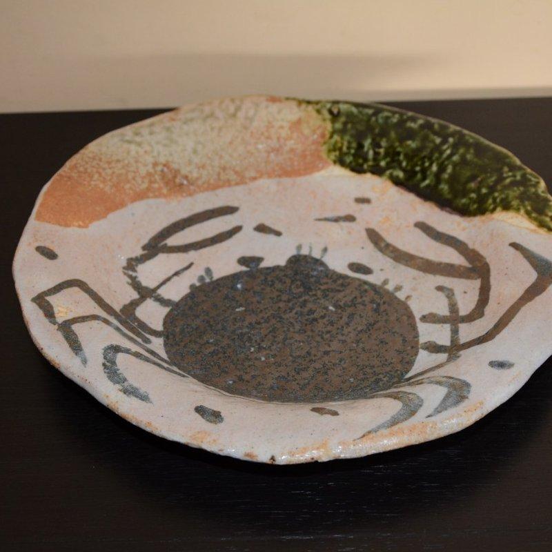 織部カニ絵8寸皿 丸皿 盛り皿 美濃焼 早蕨窯 佐藤和次 [美術工芸備前