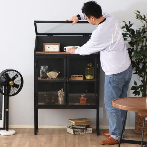 東馬(Tohma) UPTown 146 MACARONI CABINET 収納 ヴィンテージ フラップ式 幅80×奥行35×高さ120cm ブラックの画像