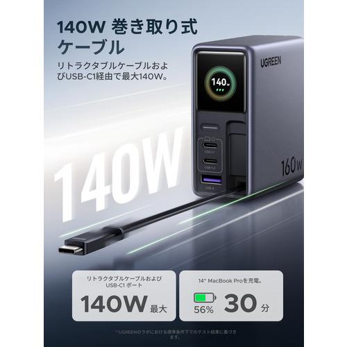UGREEN 95127B Nexode 165W 巻取り式急速充電器 USB-Cポート×3 USB-A