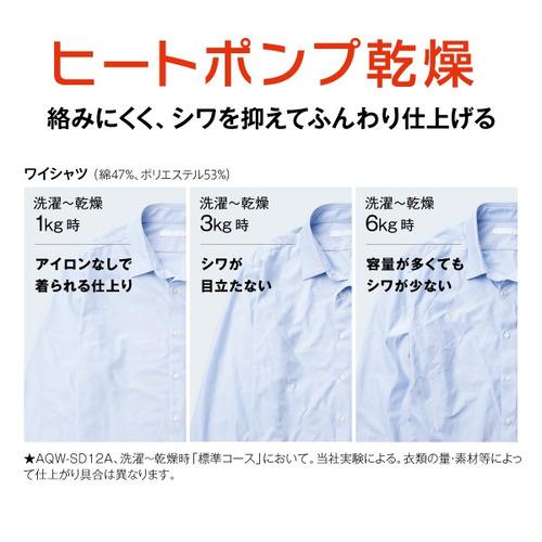 AQUA ドラム式洗濯機 左開き 洗濯12.0kg 乾燥6.0kg 幅59.5cm お湯洗い まっ直ぐドラム AQW-SD12A-L(W) ホワイト系 ヒートポンプの画像