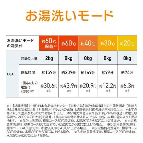 AQUA ドラム式洗濯機 右開き 洗濯8kg 乾燥4.5kg 幅59.5cm お湯洗い 除菌&無排気乾燥 まっ直ぐドラム AQW-D8A-R(W) ホワイト系の画像