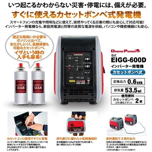 [即日発送] ドリームパワー EIGG-600D インバーター発電機 カセットボンベ式 【5747057626】(20951円)