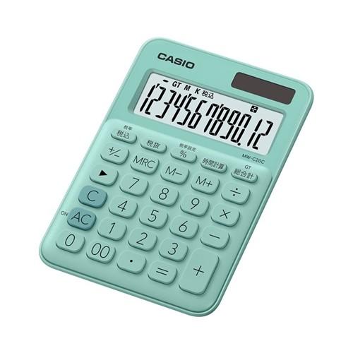 同梱不可 カシオ MW-C20C-GN-N 素晴らしい品質 カラフル電卓 ミントグリーン 12桁