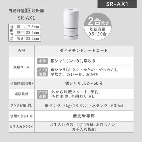 パナソニック SR-AX1-W 自動計量IH炊飯器 無洗米専用 2合炊き ホワイト 