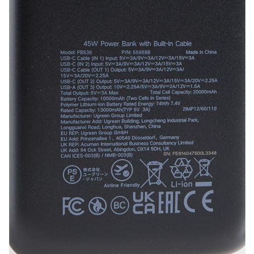 UGREEN 55988B USB-Cケーブル内蔵型モバイルバッテリー 20000mAh LED