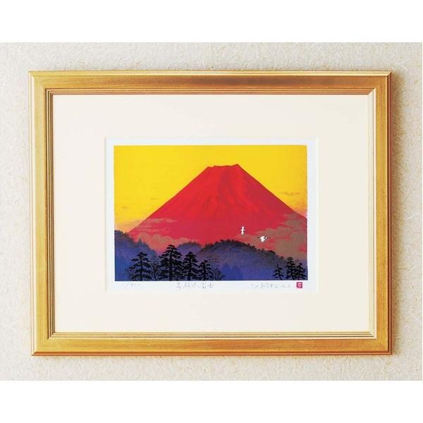 シルク版画/額付き 〔大衣サイズ〕 吉岡浩太郎 吉祥 「飛鶴赤富士」 壁掛け紐付き 箱入り 日本製