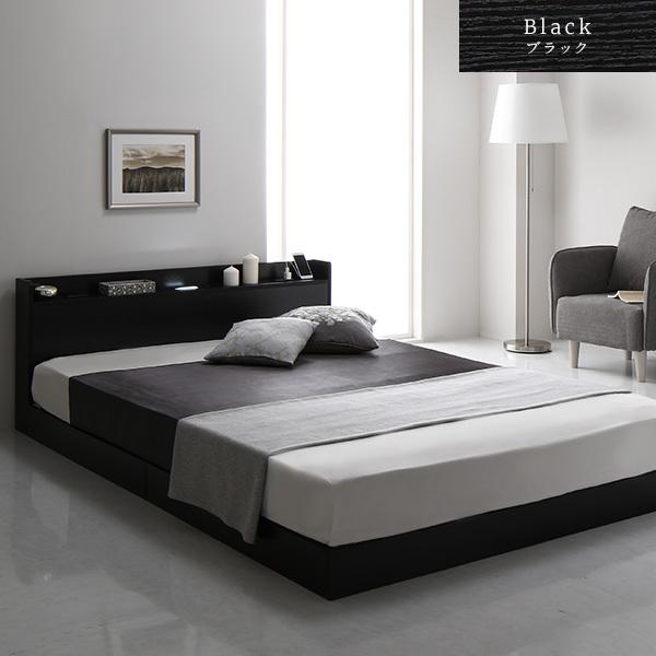 ベッド 低床 ロータイプ すのこ 木製 LED照明付き 宮付き 棚付き コンセント付き シンプル モダン ブラック セミシングル ボンネルコイルマットレス付き 