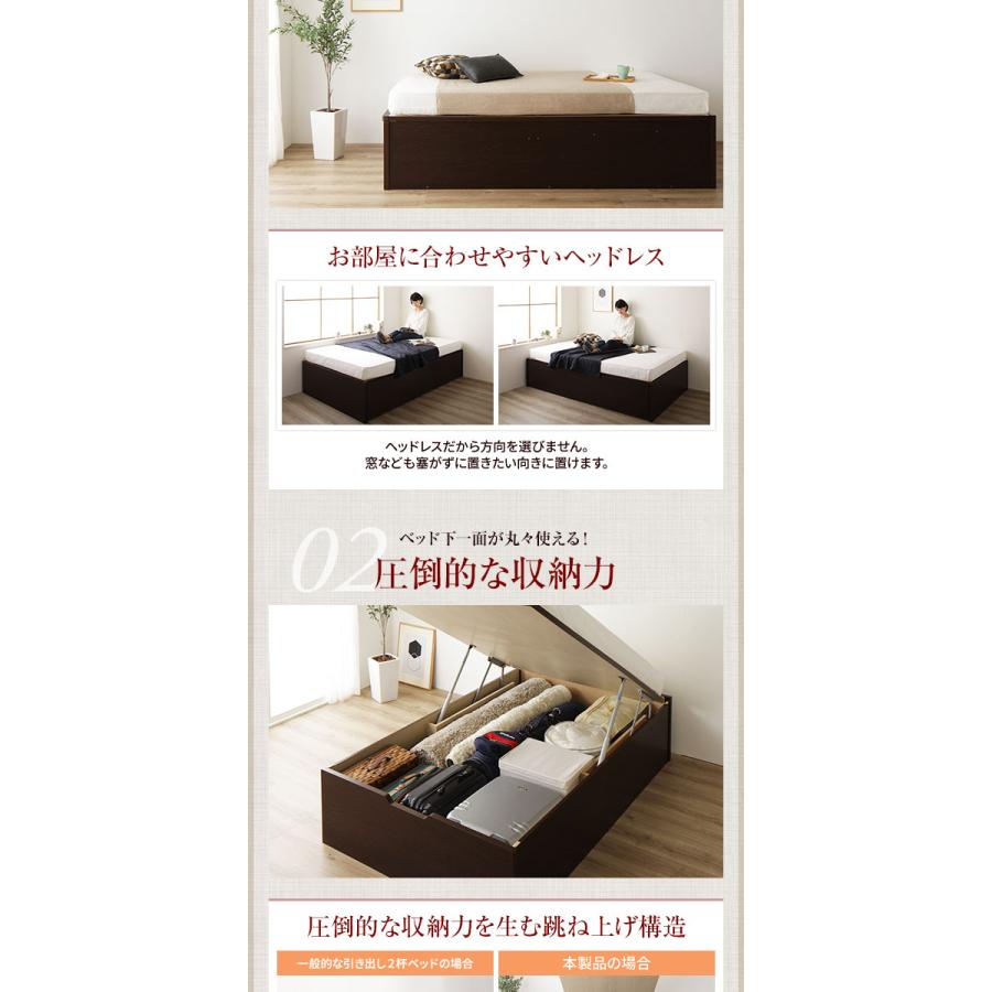 〔お客様組み立て〕 収納 ベッド 通常丈 シングル 跳ね上げ式 縦開き 深さ37cm ミドルタイプ 日本製薄型ポケットコイルマットレス付き ダークブラウン ヘッド..._2