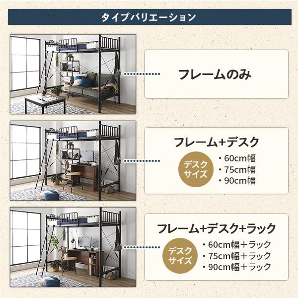 ロフトベッド シングル ベッド+デスク60cm ボンネルコイルマットレス付き ベッド：ブラック デスク：ウォールナットの画像