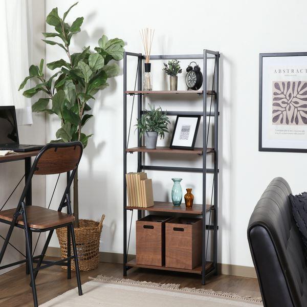 収納棚 オープンラック 約幅610mm 4段 ブラウン 折りたたみ式