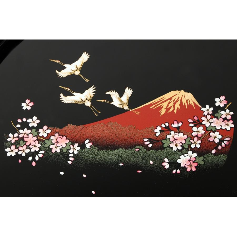 お盆 トレー おしゃれ 木製 丸盆 尺 黒 富士山に鶴と桜 30cm お盆 トレー おしゃれ 木製 丸盆 尺 黒 富士山に鶴と桜 30cm