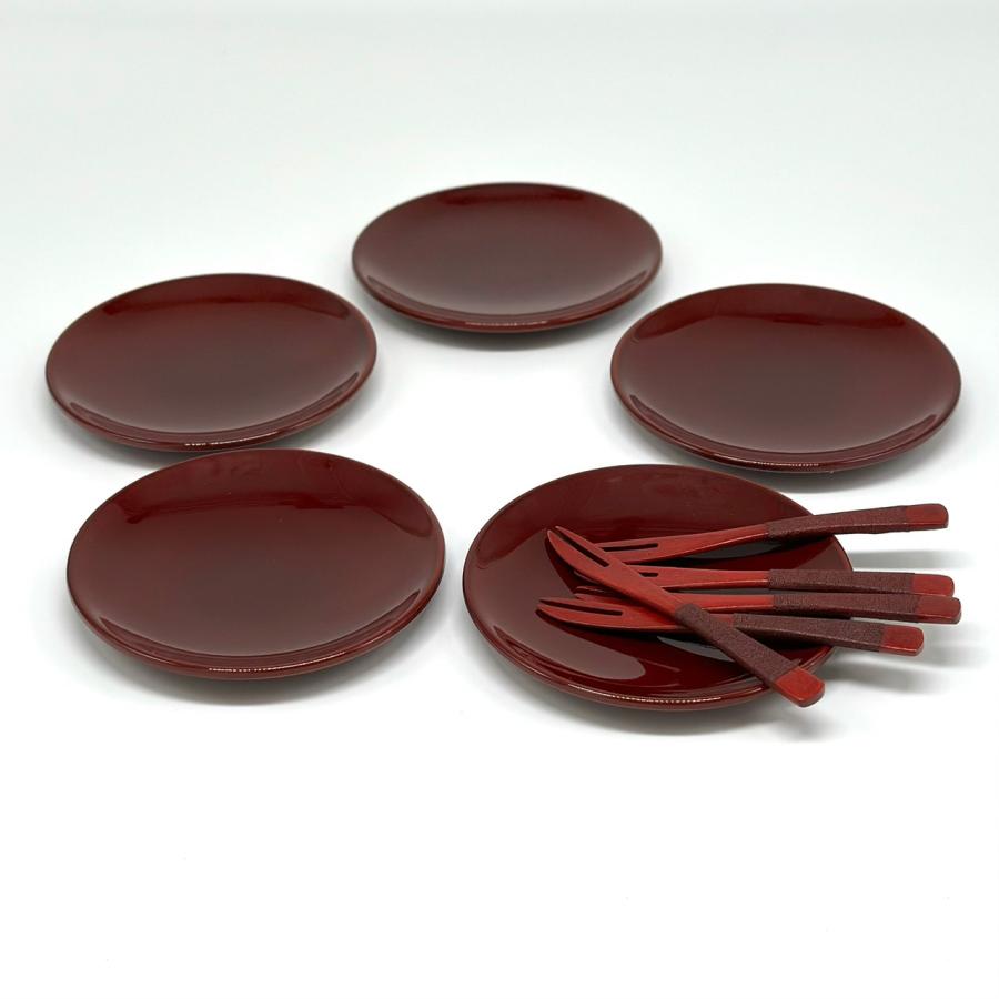 【未使用】野田行作 漆器 銘々皿菓子器 5セット 銘々皿 4.2寸 12cm 総春慶塗 5枚組 フォーク付き セット 小皿 漆器