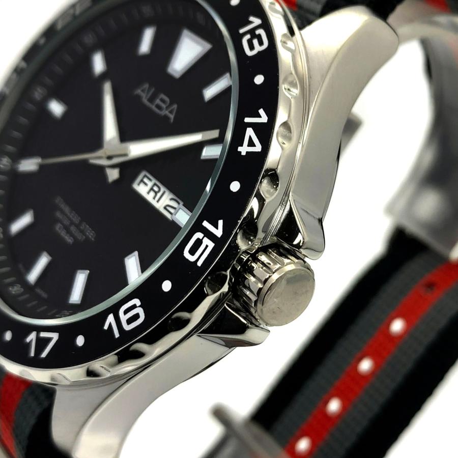 SEIKO セイコー ALBA アルバ クォーツ メンズ 腕時計 クロノグラフ ナイロン ブラック レッド カレンダー AV3521X1