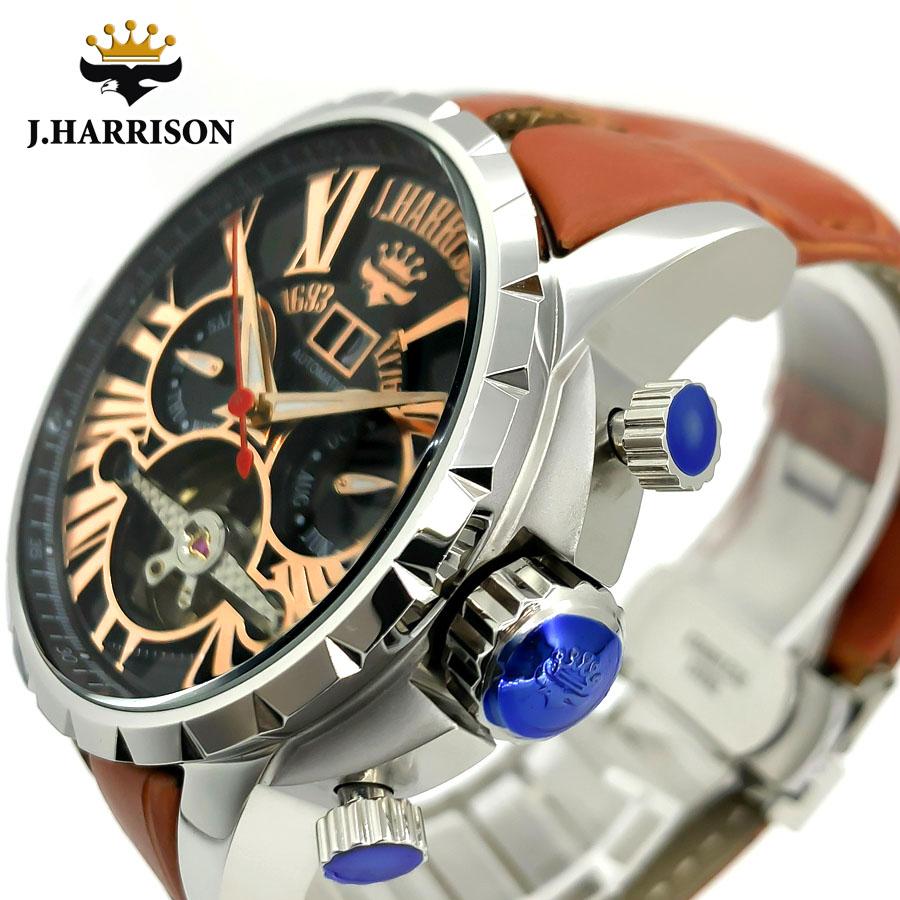 送料無料 J.HARRISON ジョンハリソン メンズ 自動巻き 腕時計 ラウンド 日常生活防水 スケルトンバック マルチファンクション  jh-033pb