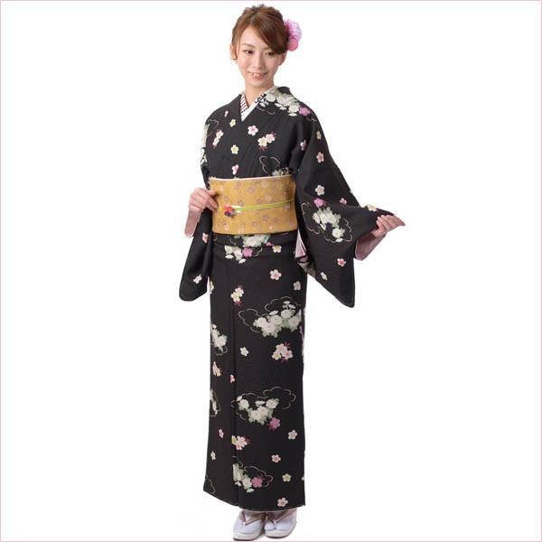 小紋 着物 正絹 仕立て上がり Moe Oshikiri 袷 レディース 女性 カジュアル すぐに着れる着物 黒の画像