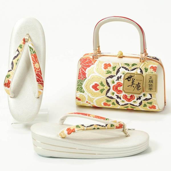 新品 ❁⃘*.世美庵 Ｌサイズ 正絹帯地 高級草履バッグセット 日本製 三枚芯 草履バッグセット 正絹袋帯使用 Lサイズ 世美庵 振袖 成人式 卒業式 袴