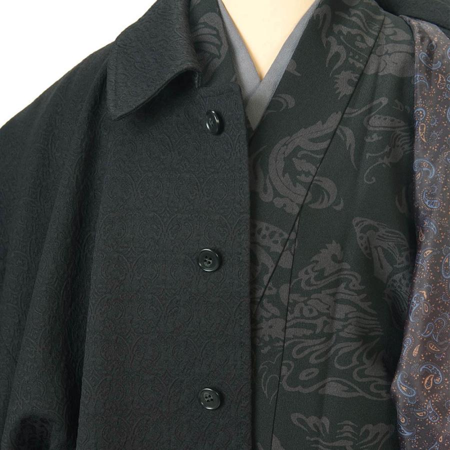 紳士 和装コート 着物コート Mサイズ ロング丈 角袖 おしゃれ柄裏地付 比翼ボタン ポリエステル 日本製 黒_3