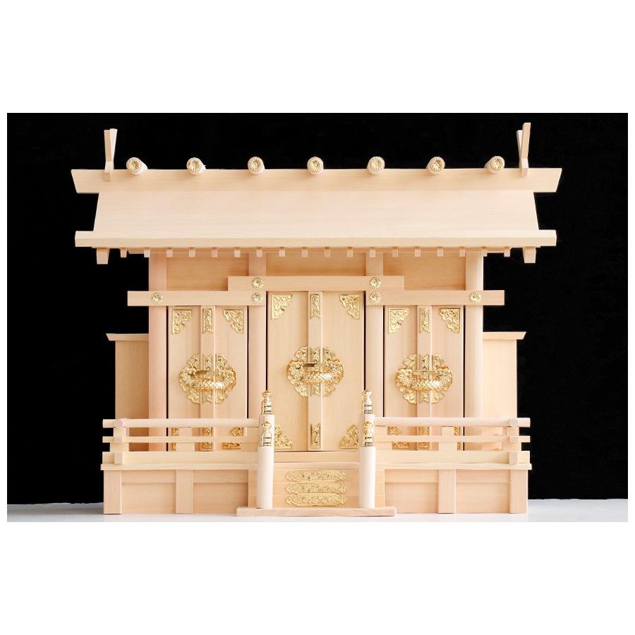 匠造り ■ 木曽ひのき ■ 通し屋根 三社 小型 ■ 神棚 単品 真鍮の輝き_1